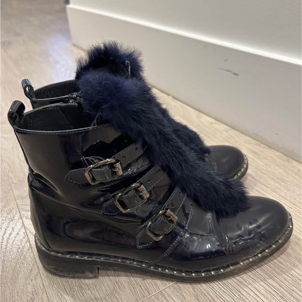 Black Patent Leather Boots with Fur Trim